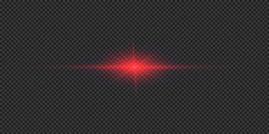 Lens fişeklerinin ışık etkisi. Gri şeffaf arkaplanda parıldayan kırmızı yatay ışık patlaması efekti. Vektör illüstrasyonu