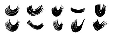 Black grunge semicircular brush strokes. Set of painted wavy ink stripes. Ink spot isolated on white background. Vector illustration