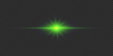 Lens fişeklerinin ışık etkisi. Gri şeffaf arkaplanda parıldayan yeşil yatay ışık patlaması efekti. Vektör illüstrasyonu