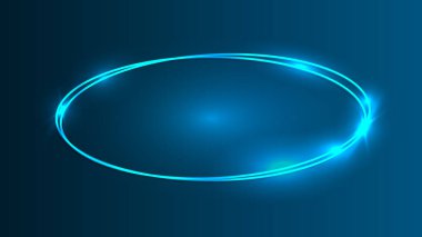 Koyu mavi arka planda parlak efektleri olan neon çift oval çerçeve. Boş parlayan tekno fon. Vektör illüstrasyonu
