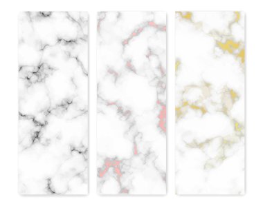 Mermer desenli arka planlar. Üç farklı soyut mermer granit taş seti. Vektör illüstrasyonu