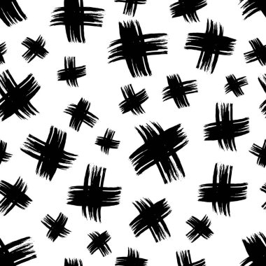 Elle çizilmiş çapraz sembollü kusursuz desen. Beyaz arka planda siyah çizim işareti. Vektör illüstrasyonu