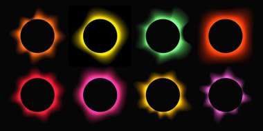 Çemberin büyük bir kümesi gradyanı ile çerçeveleri aydınlatır. Siyah arkaplanda sekiz tane renkli neon pankart var. Vektör illüstrasyonu