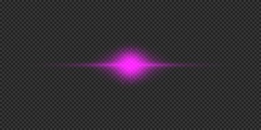 Lens fişeklerinin ışık etkisi. Mor yatay parlak ışık patlaması efekti. Gri şeffaf arkaplanda parıltılar var. Vektör illüstrasyonu