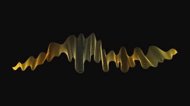 Karanlık arka planda lüks altın dalgaları olan soyut bir fon. Modern teknoloji arka planı, dalga tasarımı. Vektör illüstrasyonu