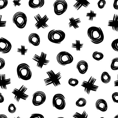 Siyah el çizimi çizimi, kusursuz desen, beyaz arka planda şekiller ve çapraz semboller çizilmiş. Soyut grunge dokusu. Vektör illüstrasyonu