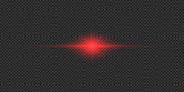 Lens fişeklerinin ışık etkisi. Gri şeffaf arkaplanda parıldayan kırmızı yatay ışık patlaması efekti. Vektör illüstrasyonu