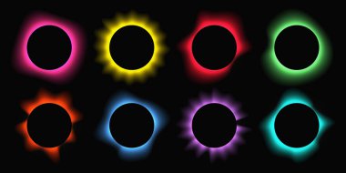 Çemberin büyük bir kümesi gradyanı ile çerçeveleri aydınlatır. Siyah arkaplanda sekiz tane renkli neon pankart var. Vektör illüstrasyonu