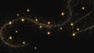 Altın parıldayan konfeti dalgası ve yıldız tozu. Koyu arkaplanda altın sihirli parıltılarla arka plan. Vektör illüstrasyonu