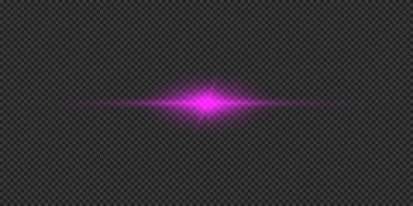 Lens fişeklerinin ışık etkisi. Mor yatay parlak ışık patlaması efekti. Gri şeffaf arkaplanda parıltılar var. Vektör illüstrasyonu