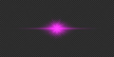 Lens fişeklerinin ışık etkisi. Mor yatay parlak ışık patlaması efekti. Gri şeffaf arkaplanda parıltılar var. Vektör illüstrasyonu