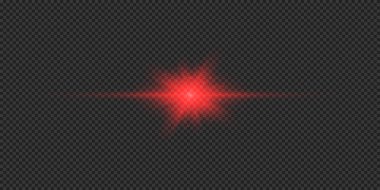 Lens fişeklerinin ışık etkisi. Gri şeffaf arkaplanda parıldayan kırmızı yatay ışık patlaması efekti. Vektör illüstrasyonu