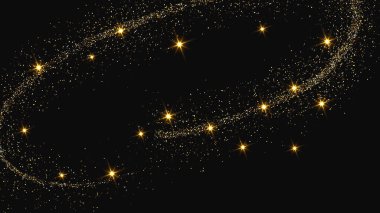 Altın parıldayan konfeti dalgası ve yıldız tozu. Koyu arkaplanda altın sihirli parıltılarla arka plan. Vektör illüstrasyonu