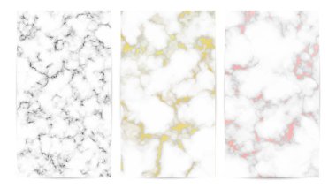 Mermer desenli arka planlar. Üç farklı soyut mermer granit taş seti. Vektör illüstrasyonu