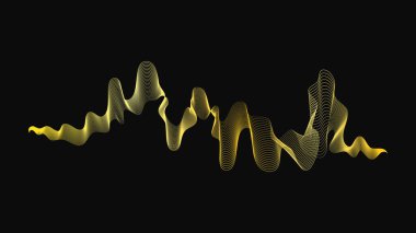 Karanlık arka planda lüks altın dalgaları olan soyut bir fon. Modern teknoloji arka planı, dalga tasarımı. Vektör illüstrasyonu