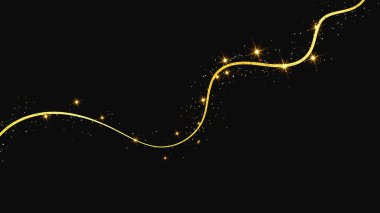 Altın parıldayan konfeti dalgası ve yıldız tozu. Koyu arkaplanda altın sihirli parıltılarla arka plan. Vektör illüstrasyonu