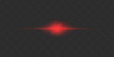 Lens fişeklerinin ışık etkisi. Gri şeffaf arkaplanda parıldayan kırmızı yatay ışık patlaması efekti. Vektör illüstrasyonu