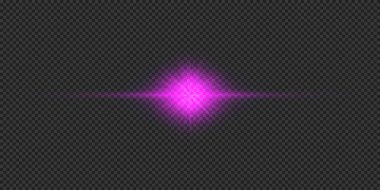 Lens fişeklerinin ışık etkisi. Mor yatay parlak ışık patlaması efekti. Gri şeffaf arkaplanda parıltılar var. Vektör illüstrasyonu