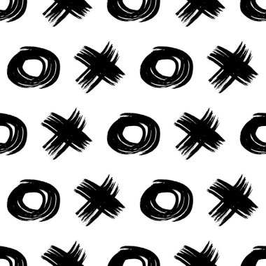 Siyah el çizimi çizimi, kusursuz desen, beyaz arka planda şekiller ve çapraz semboller çizilmiş. Soyut grunge dokusu. Vektör illüstrasyonu