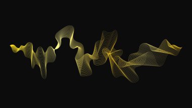 Karanlık arka planda lüks altın dalgaları olan soyut bir fon. Modern teknoloji arka planı, dalga tasarımı. Vektör illüstrasyonu