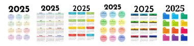 2025 için altı takvim seti beyaz arka planda izole edildi. Pazardan pazartesiye, iş planı. Vektör illüstrasyonu