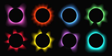 Çemberin büyük bir kümesi gradyanı ile çerçeveleri aydınlatır. Siyah arkaplanda sekiz tane renkli neon pankart var. Vektör illüstrasyonu