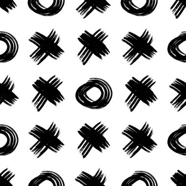 Siyah el çizimi çizimi, kusursuz desen, beyaz arka planda şekiller ve çapraz semboller çizilmiş. Soyut grunge dokusu. Vektör illüstrasyonu