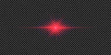 Lens fişeklerinin ışık etkisi. Gri şeffaf arkaplanda parıldayan kırmızı yatay ışık patlaması efekti. Vektör illüstrasyonu