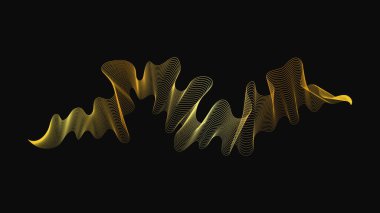 Karanlık arka planda lüks altın dalgaları olan soyut bir fon. Modern teknoloji arka planı, dalga tasarımı. Vektör illüstrasyonu