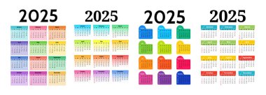 2025 için dört dikey takvim seti beyaz bir arkaplanda izole edildi. Pazardan pazartesiye, iş planı. Vektör illüstrasyonu