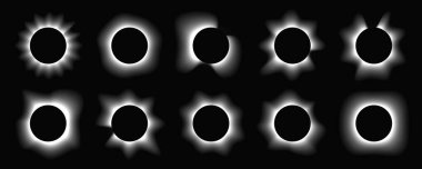 Çemberin büyük bir kümesi gradyanı ile çerçeveleri aydınlatır. Siyah arkaplanda 10 tane beyaz neon pankart var. Vektör illüstrasyonu