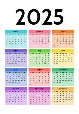 2025 takvimi beyaz arka planda izole edildi. Pazardan pazartesiye, iş planı. Vektör illüstrasyonu