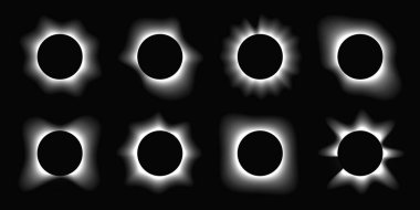 Çemberin büyük bir kümesi gradyanı ile çerçeveleri aydınlatır. Siyah arkaplanda sekiz tane beyaz neon pankart var. Vektör illüstrasyonu