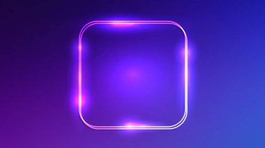 Neon çift yuvarlak kare çerçeve ve koyu mavi arka planda parlak efektler. Boş parlayan tekno fon. Vektör illüstrasyonu
