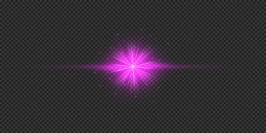 Lens fişeklerinin ışık etkisi. Mor yatay parlak ışık patlaması efekti. Gri şeffaf arkaplanda parıltılar var. Vektör illüstrasyonu