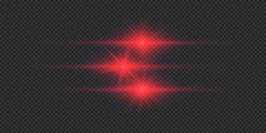 Lens fişeklerinin ışık etkisi. Gri şeffaf arkaplanda parıldayan üç kırmızı yatay ışık patlaması efekti. Vektör illüstrasyonu