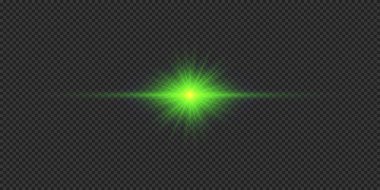 Lens fişeklerinin ışık etkisi. Gri şeffaf arkaplanda parıldayan yeşil yatay ışık patlaması efekti. Vektör illüstrasyonu