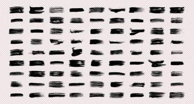 Büyük siyah fırça darbeleri. Şeffaf arka planda elle çizilmiş mürekkep lekeleri var. Vektör illüstrasyonu