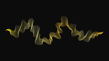 Karanlık arka planda lüks altın dalgaları olan soyut bir fon. Modern teknoloji arka planı, dalga tasarımı. Vektör illüstrasyonu