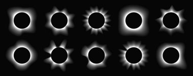 Çemberin büyük bir kümesi gradyanı ile çerçeveleri aydınlatır. Siyah arkaplanda 10 tane beyaz neon pankart var. Vektör illüstrasyonu