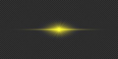 Lens fişeklerinin ışık etkisi. Gri şeffaf arkaplanda parıldayan sarı yatay ışık patlaması etkisi. Vektör illüstrasyonu