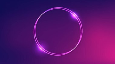 Koyu mor arka planda parlak efektleri olan neon çift yuvarlak çerçeve. Boş parlayan tekno fon. Vektör illüstrasyonu