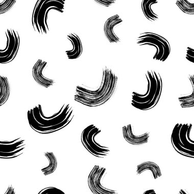 Seamless pattern with black wavy grunge brush strokes in abstract shapes on white background. Vector illustration