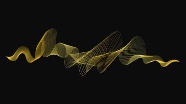 Karanlık arka planda lüks altın dalgaları olan soyut bir fon. Modern teknoloji arka planı, dalga tasarımı. Vektör illüstrasyonu