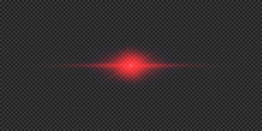Lens fişeklerinin ışık etkisi. Gri şeffaf arkaplanda parıldayan kırmızı yatay ışık patlaması efekti. Vektör illüstrasyonu