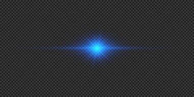 Lens fişeklerinin ışık etkisi. Gri şeffaf arkaplanda parıldayan mavi yatay ışık patlaması efekti. Vektör illüstrasyonu