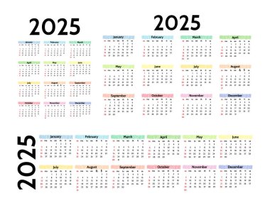 2025 için üç takvim seti beyaz arka planda izole edilmiş farklı formlarda. Pazardan pazartesiye, iş planı. Vektör illüstrasyonu