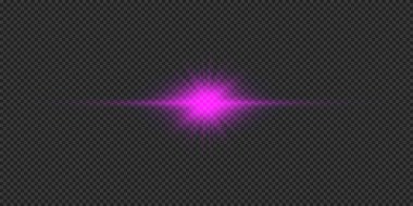 Lens fişeklerinin ışık etkisi. Mor yatay parlak ışık patlaması efekti. Gri şeffaf arkaplanda parıltılar var. Vektör illüstrasyonu