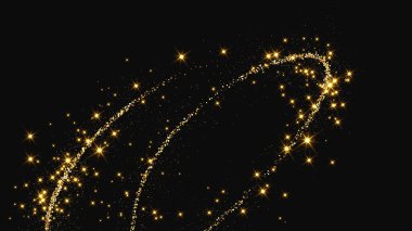 Altın parıldayan konfeti dalgası ve yıldız tozu. Koyu arkaplanda altın sihirli parıltılarla arka plan. Vektör illüstrasyonu