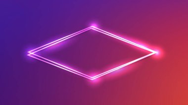 Mor arka planda parlak efektleri olan neon çift eşkenar dörtlü çerçeve. Boş parlayan tekno fon. Vektör illüstrasyonu